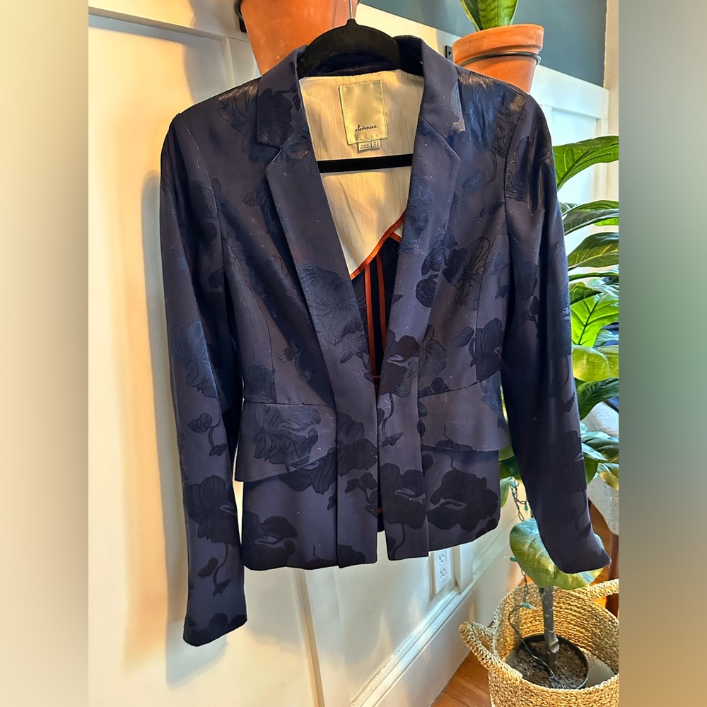 Anthropologie Elevenses Navy Blue Floral Satin Soft Brocade Blazer